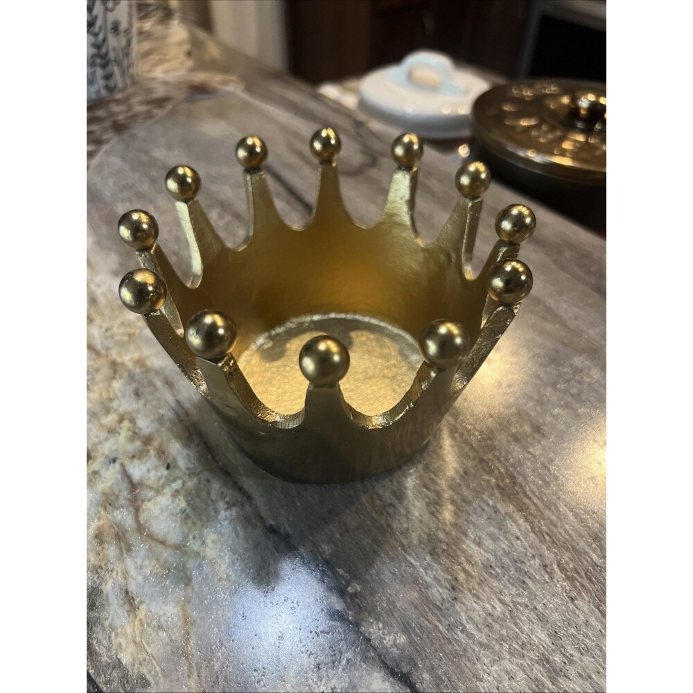 5” CROWN HEAVY BRASS GOLDTONE METAL QUEEN KING ROYALTY TRINKET MAKEUP HOLDER